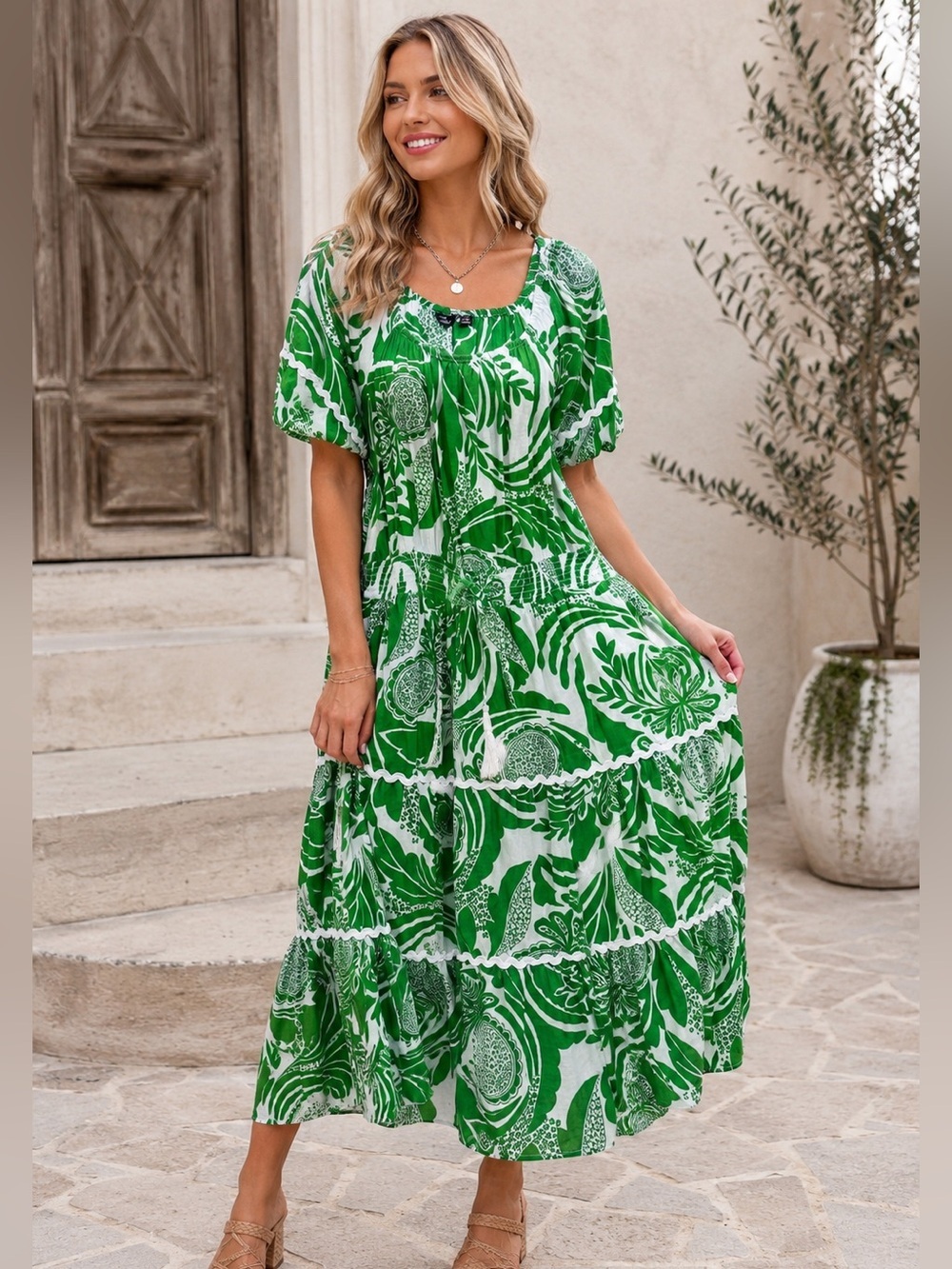 Mlle Gabrielle Green and White Floral Tiered Maxi Dress